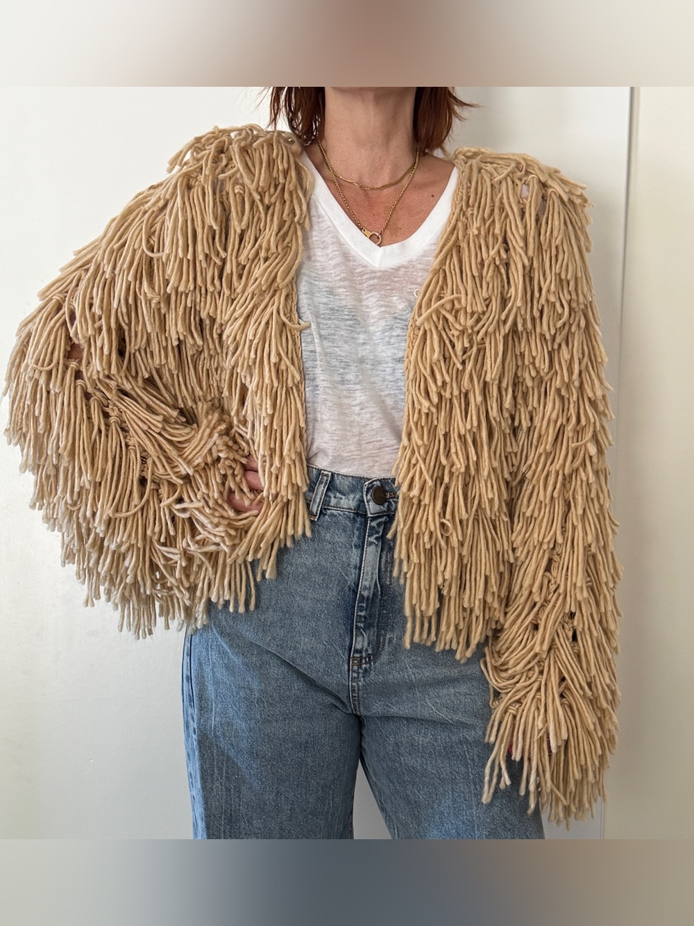 Shaggy Fringe Knit Acrylic Yarn Tan Boho 70s Jacket S/M